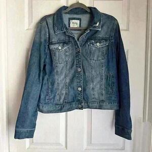 MUDD JUNIOR TEEN GIRLS WOMENS L DENIM JEAN JACKET DISTRESSED BUTTON MED WASH